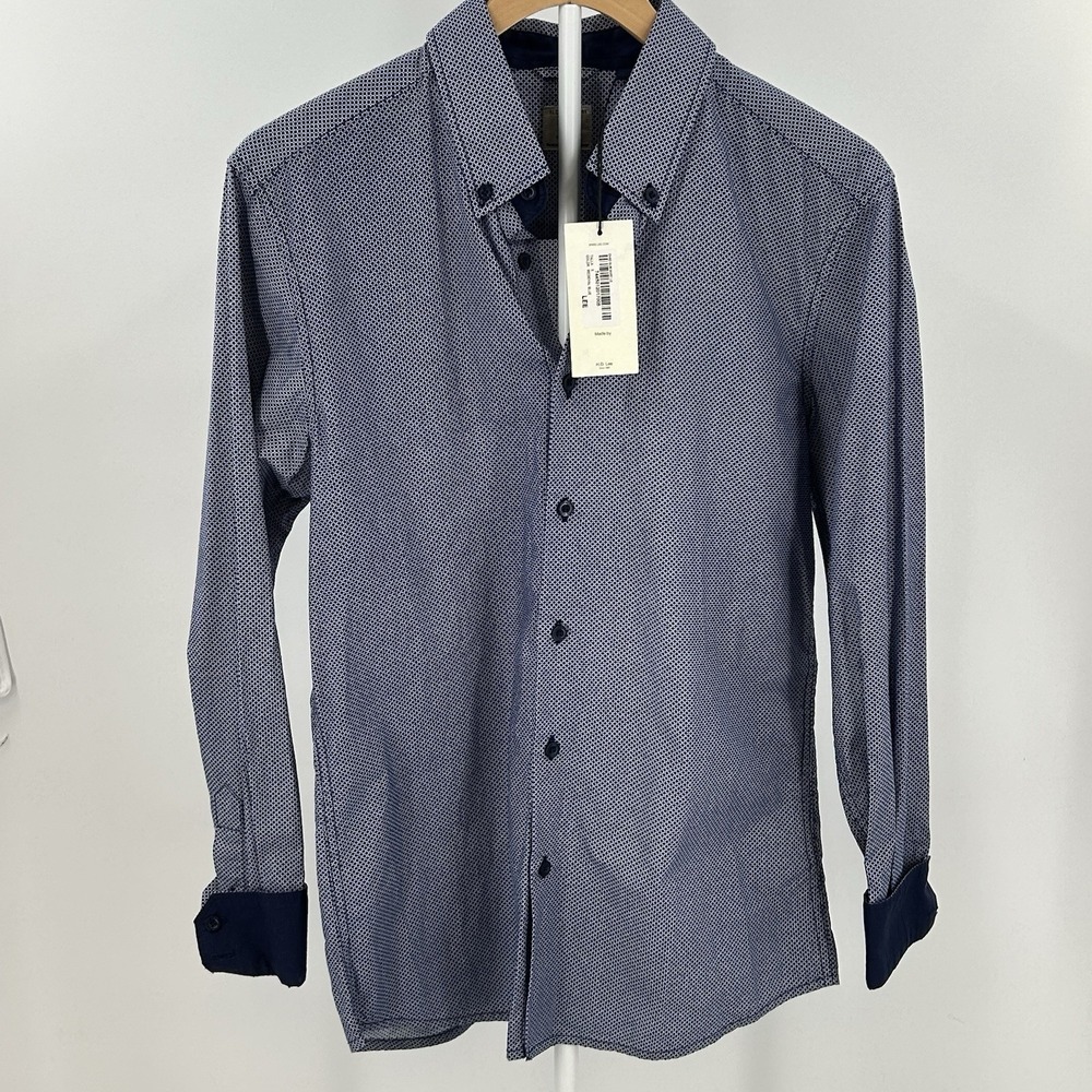 Lee Button Down‎ Shirt Mens Small NWT Blue White Geometric Print Slim Fit Casual